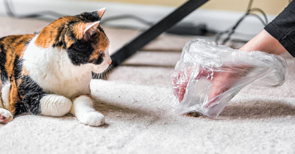 tricolored cat down watching owner clean up hairball vomit from the rug