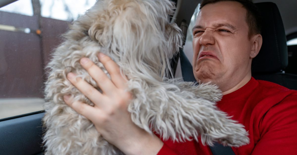 man holding his dog and cringing at the smell of the dog's bad breath